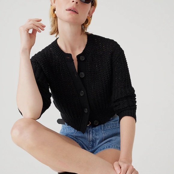 Crew Black Cropped Cardigan Sweater in Textured Pointelle